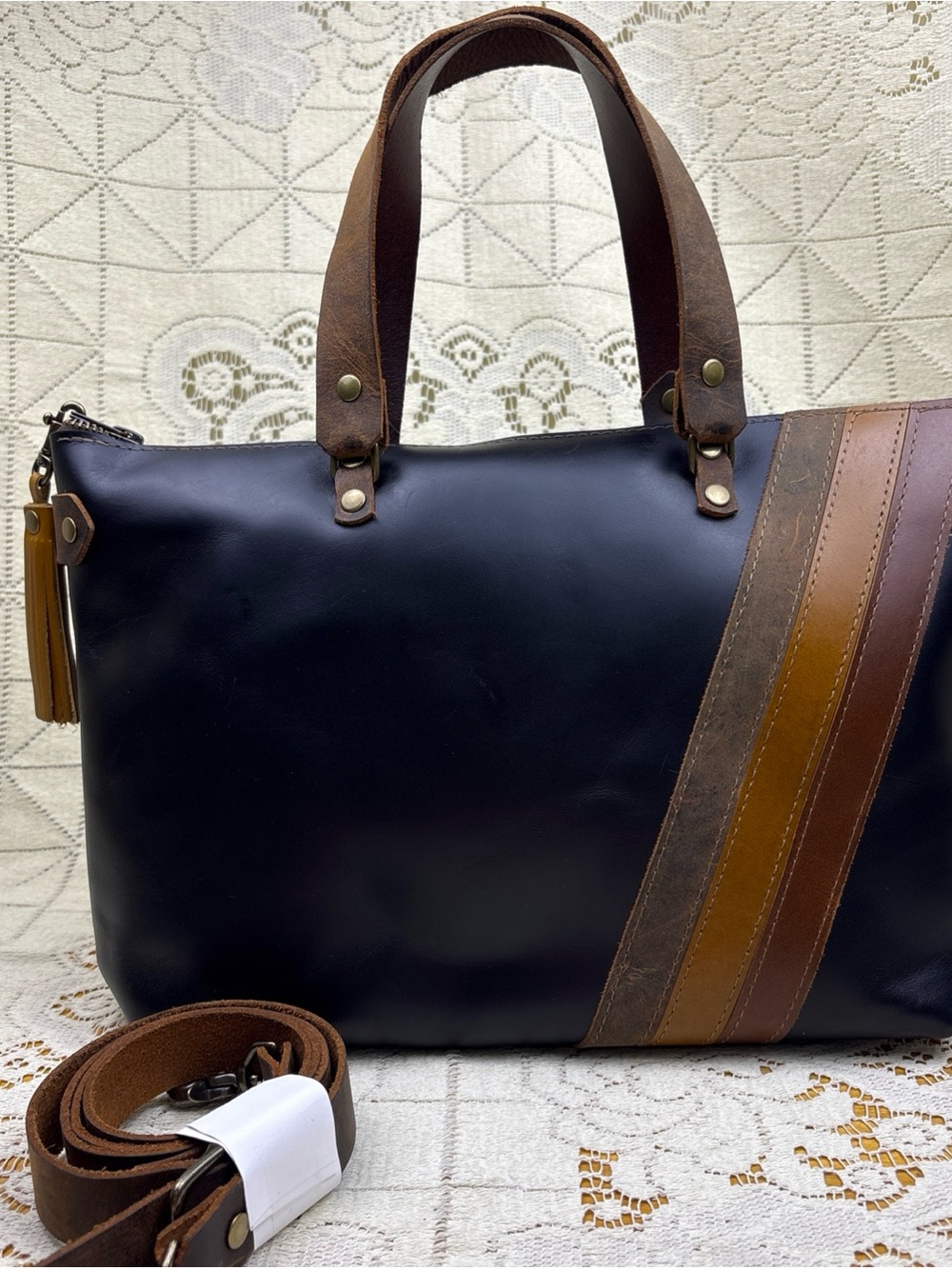 In Blue Handmade Retro Strips Leather Crossbody Purse or Satchel